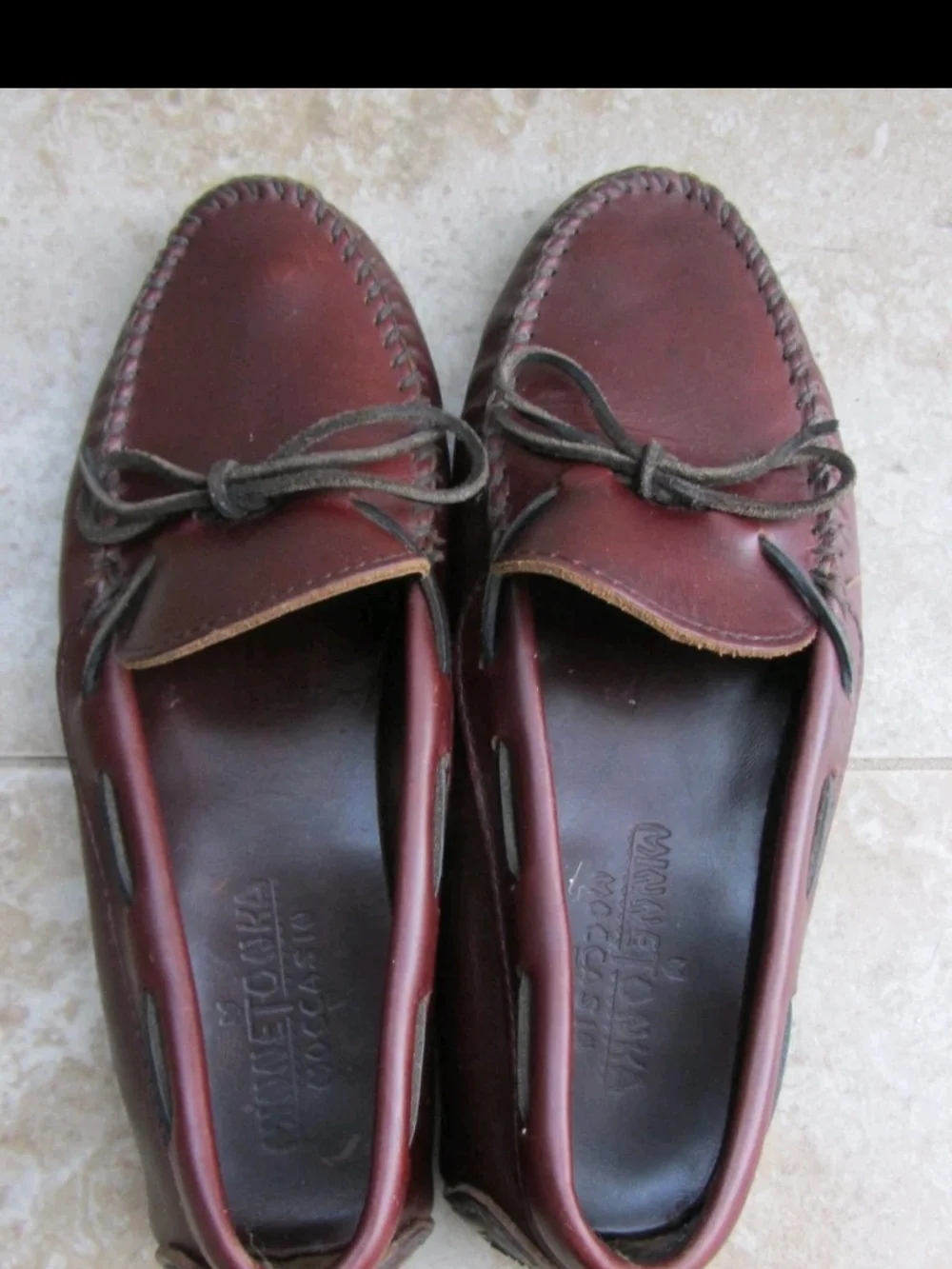 Minnetonka Men's Burgundy Leather Moc Toe Slip-Ons